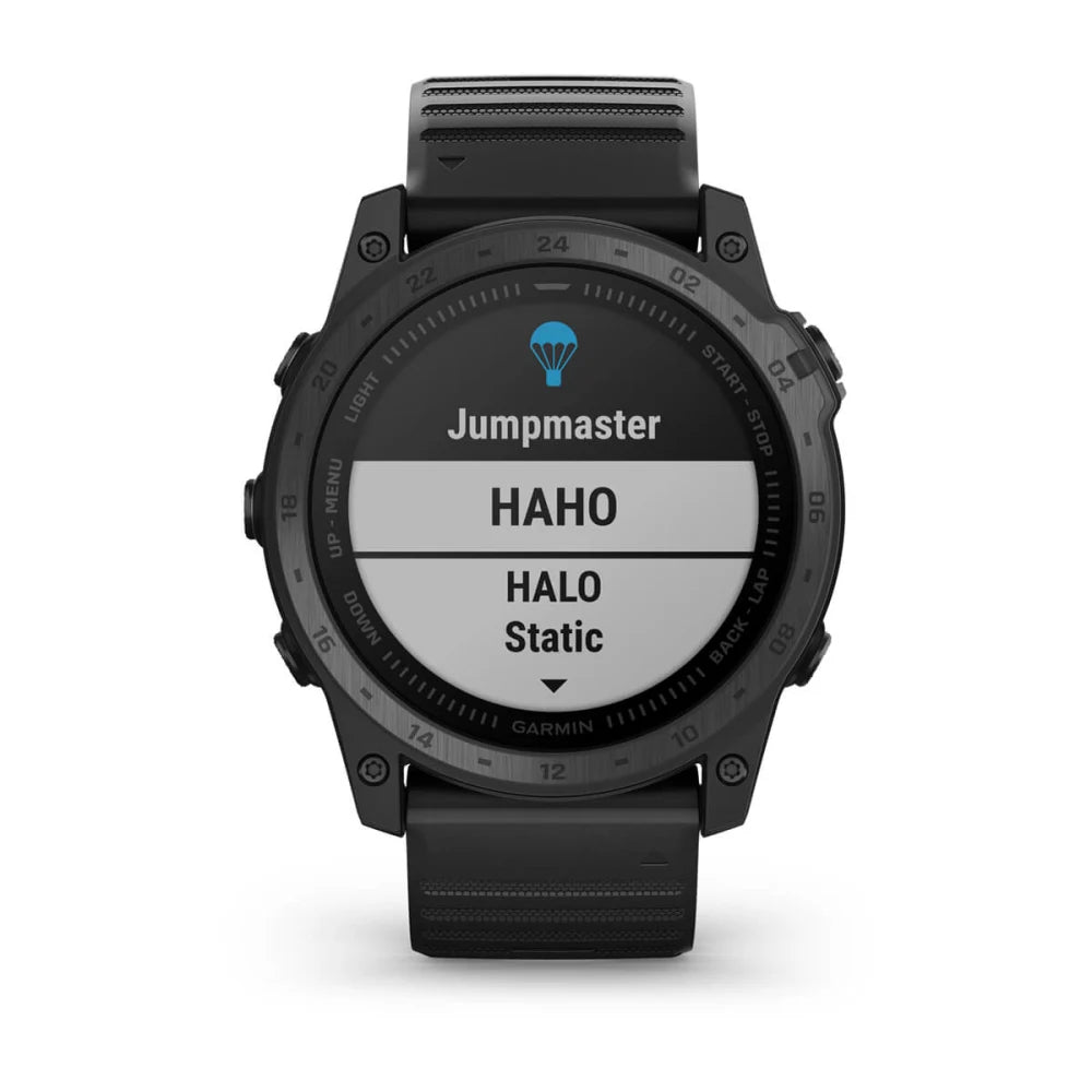 Garmin tactix 7 Standard Edition displaying a Jumpmaster feature with options for HAHO, HALO, and Static.