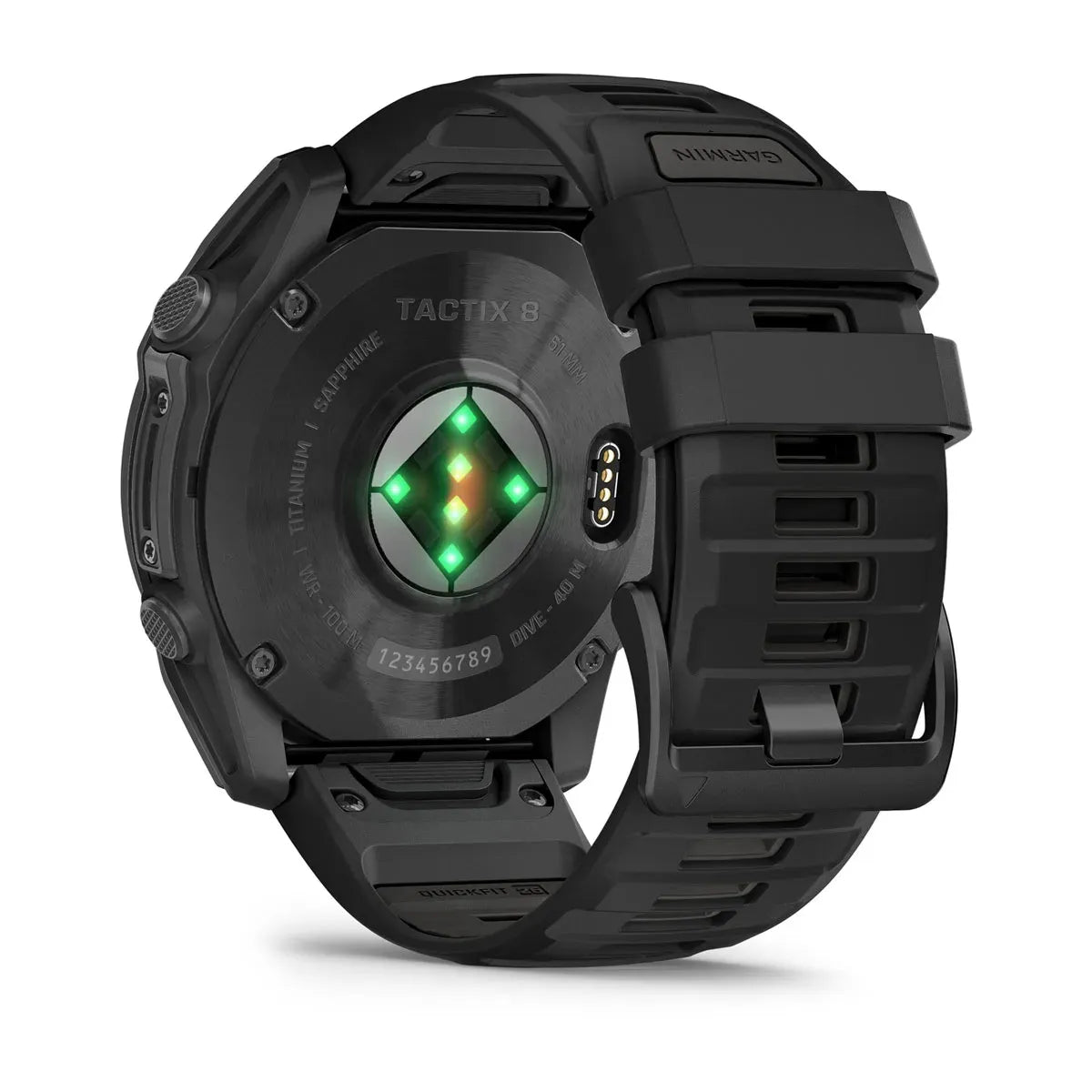 Garmin tactix 8 AMOLED 51 mm Black – rear sensor and charger detail