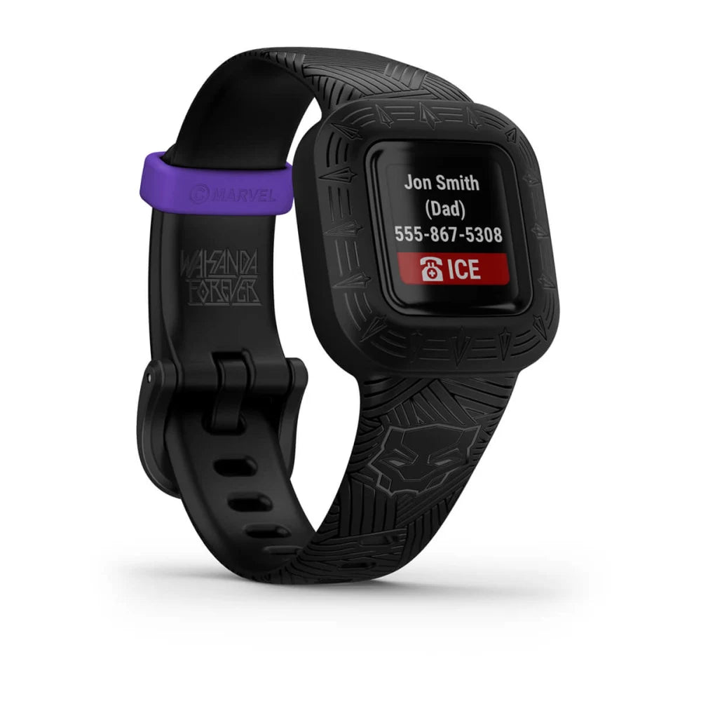 Garmin vivofit jr. 3 smartwatch with a black and purple band, displaying emergency contact information on the screen.