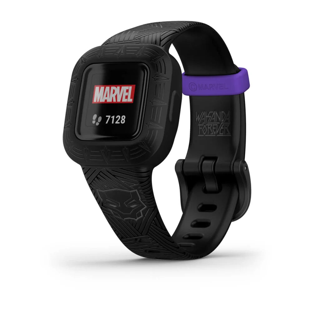 Garmin vívofit jr. 3 fitness tracker featuring a black design with Marvel branding and a Wakanda Forever inscription on the strap.