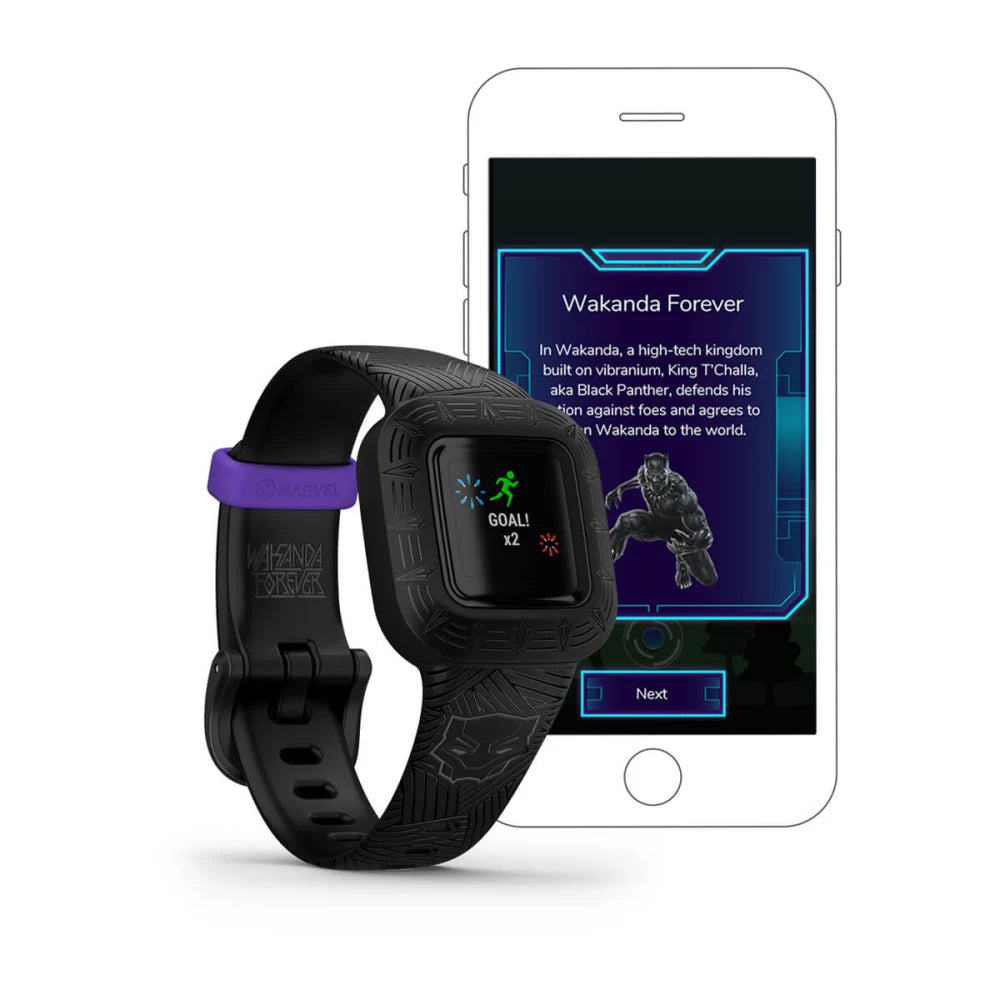 Garmin vívofit jr. 3 smartwatch featuring a black design with a purple accent, displayed next to a smartphone showing a 'Wakanda Forever' screen.