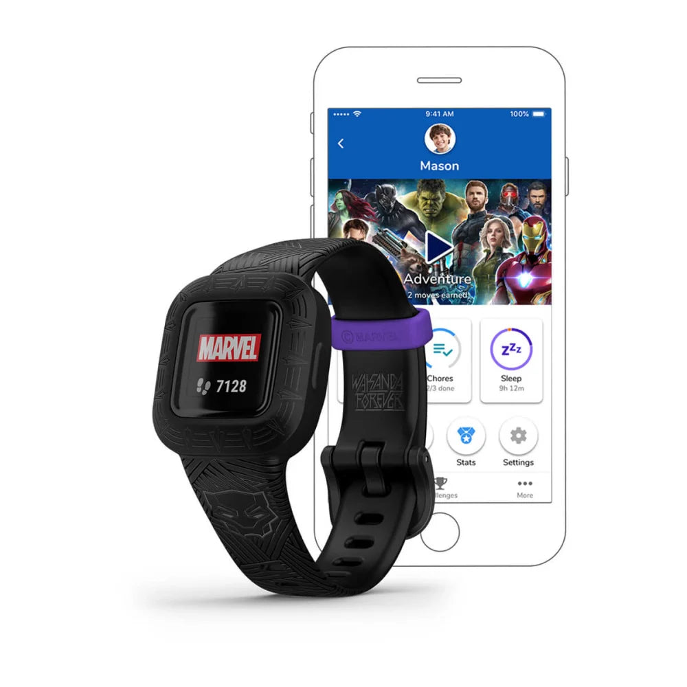 Garmin vivofit jr. 3 fitness tracker with a Marvel design displayed next to a smartphone showing the Garmin app interface.