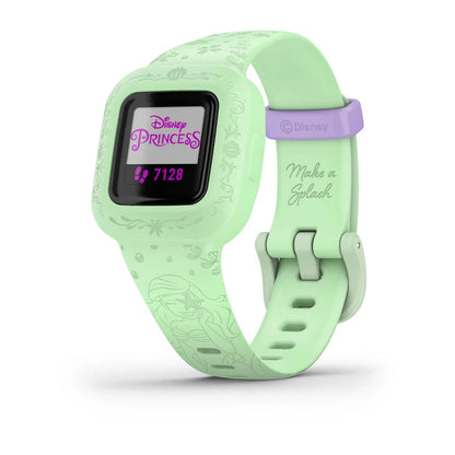 Garmin vivofit jr. 3 fitness tracker in mint green with Disney Princess design, featuring a display showing step count and the phrase Make a Splash.