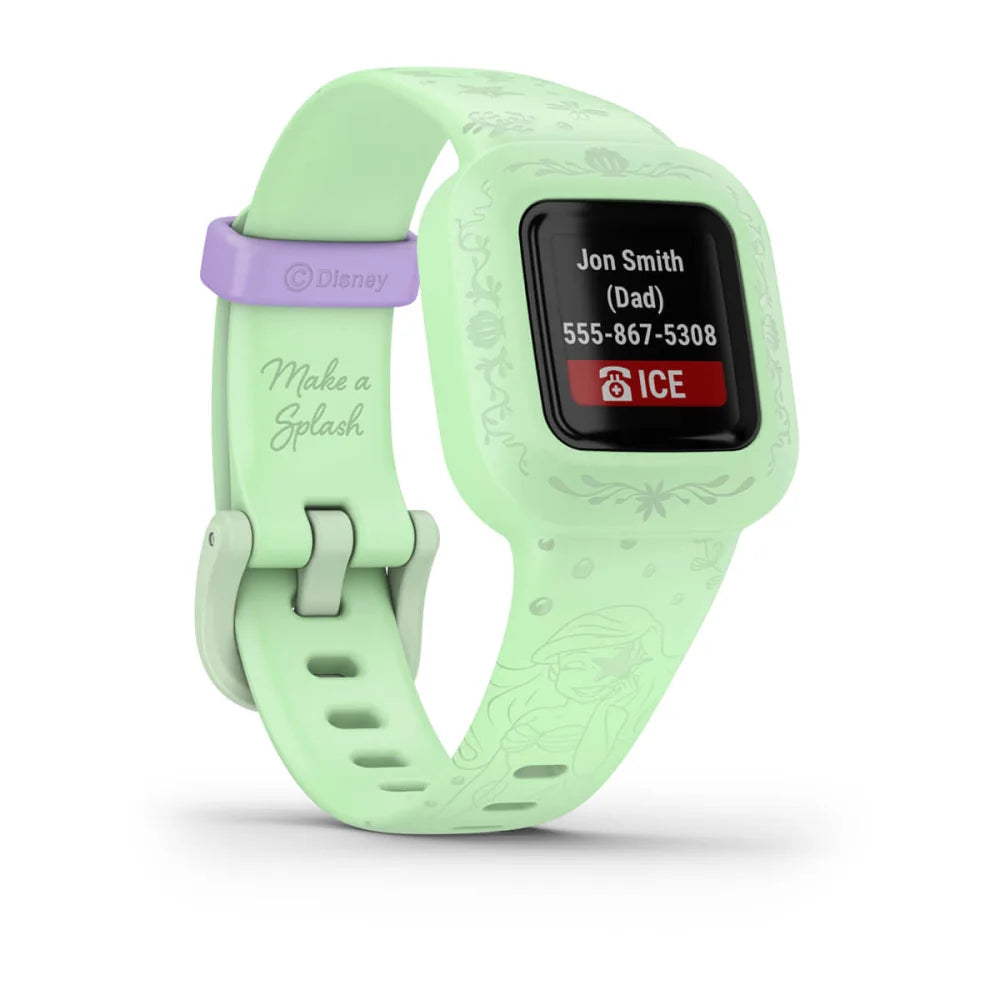 Garmin vivofit jr. 3 smartwatch in mint green with Disney design, displaying an emergency contact information screen.