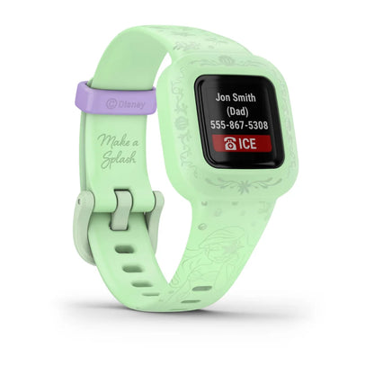 Garmin vivofit jr. 3 smartwatch in mint green with Disney design, displaying an emergency contact information screen.