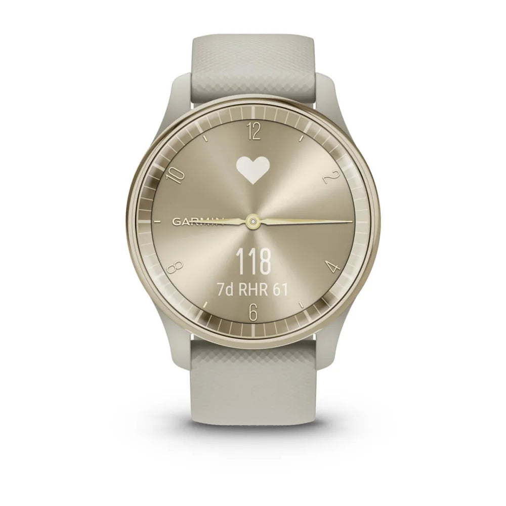 Garmin vivomove Trend smartwatch with a gold and white design displaying heart rate and activity metrics.