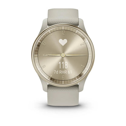 Garmin vivomove Trend smartwatch with a gold and white design displaying heart rate and activity metrics.