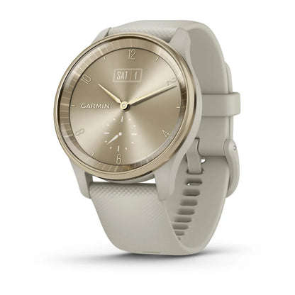 Garmin vivomove Trend smartwatch with a gold-tone dial and light gray silicone strap, displaying the day and time.