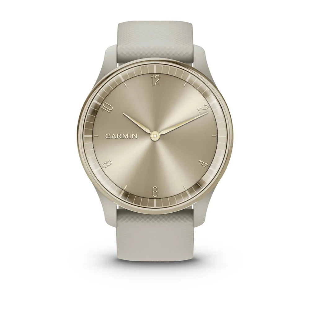 Garmin vivomove Trend smartwatch with a gold dial and light gray strap, showcasing a minimalist design.