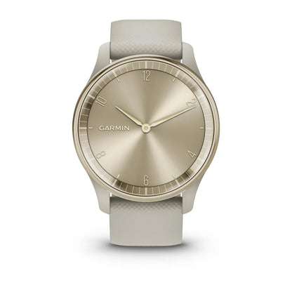 Garmin vivomove Trend smartwatch with a gold dial and light gray strap, showcasing a minimalist design.