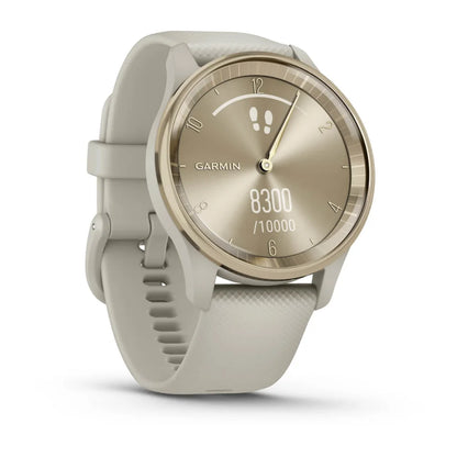 Garmin vivomove Trend smartwatch with a light beige strap and a gold-toned watch face displaying step count.