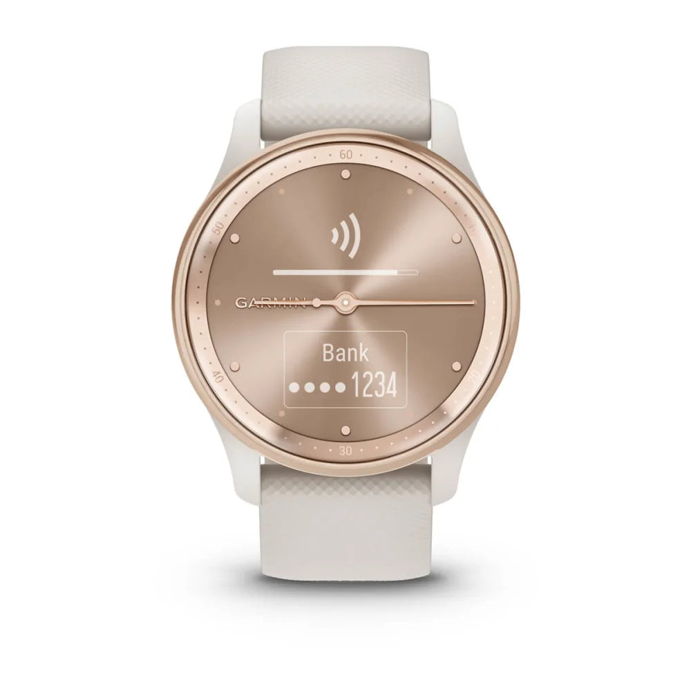 Garmin vivomove Trend smartwatch with a round face, featuring a rose gold dial, white silicone strap, and a display showing bank details.