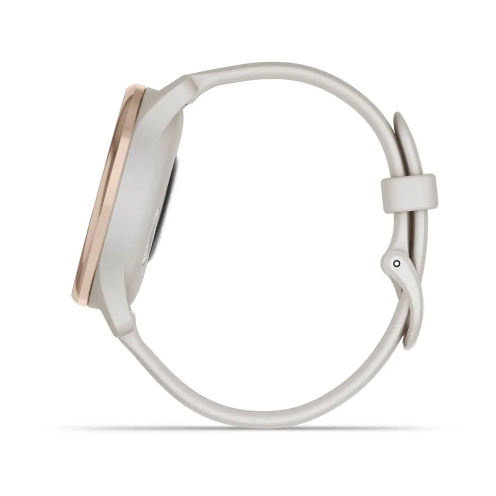 Side view of the Garmin vivomove Trend smartwatch, featuring a sleek design with a rose gold bezel and a light gray band.