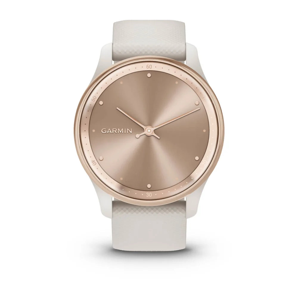 Garmin vivomove Trend smartwatch featuring a sleek design with a gold-tone dial and a white strap.