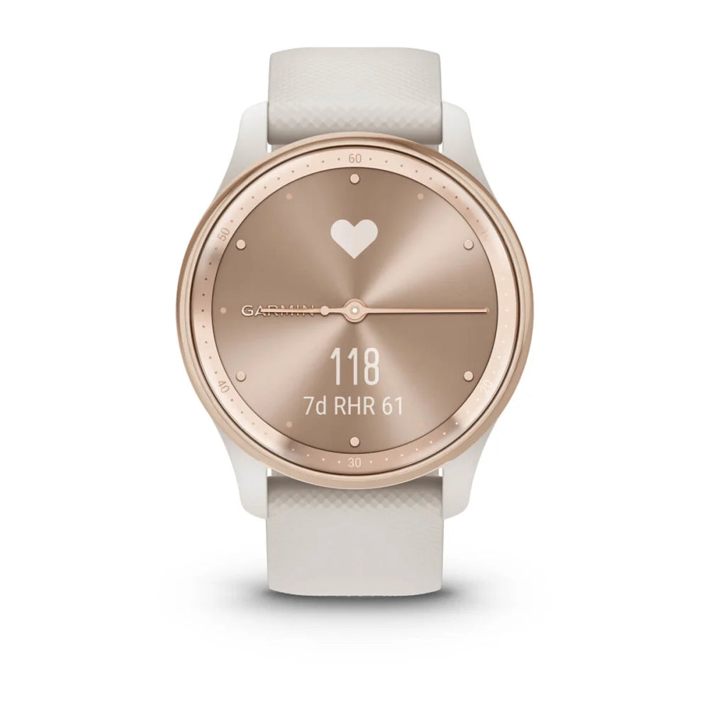 Garmin vivomove Trend smartwatch featuring a round face with a rose gold dial, heart icon, and white strap, displaying heart rate and weekly data.