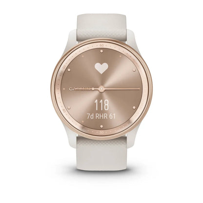 Garmin vivomove Trend smartwatch featuring a round face with a rose gold dial, heart icon, and white strap, displaying heart rate and weekly data.