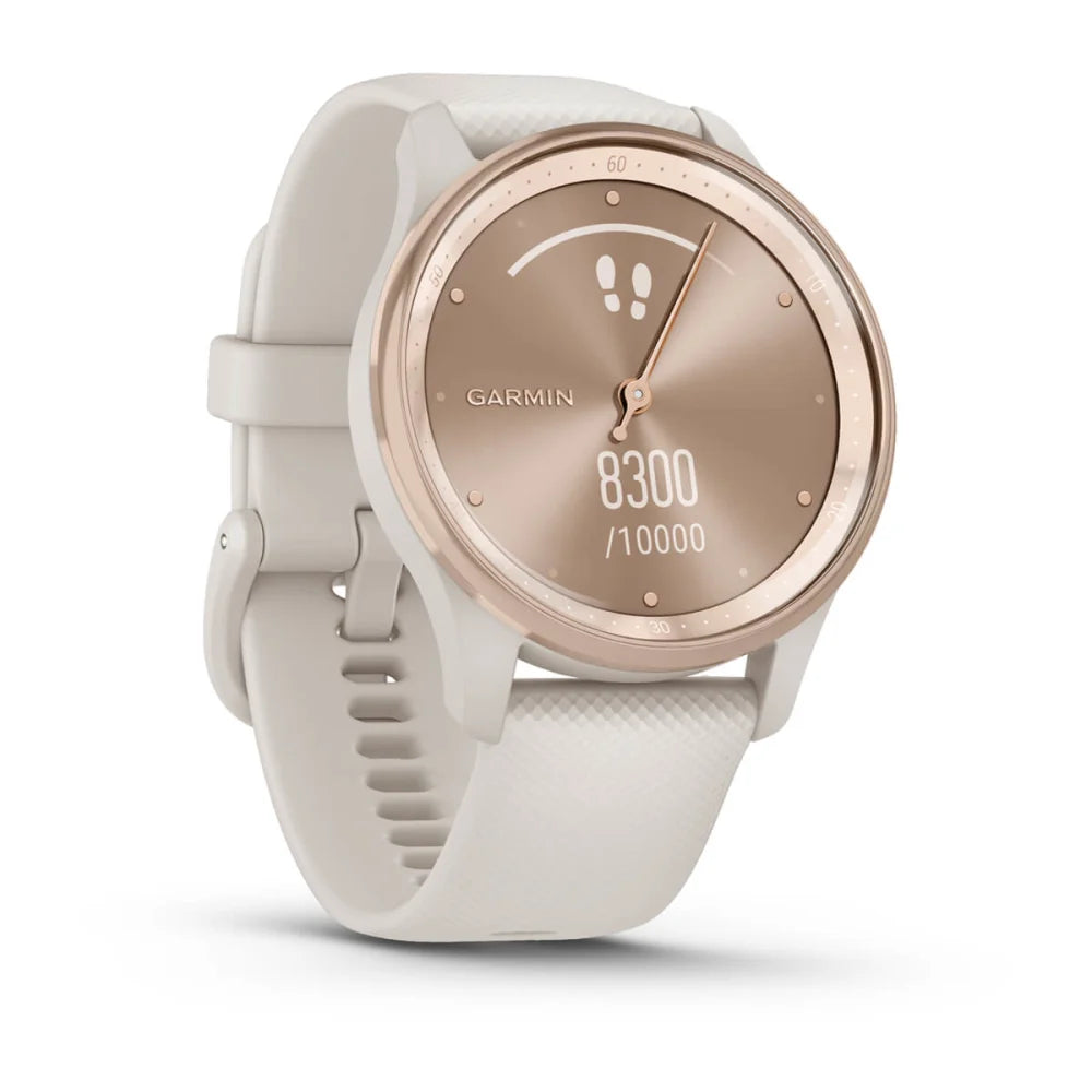 Garmin vivomove Trend smartwatch in white with a rose gold face, displaying a step count of 8300 out of 10000.