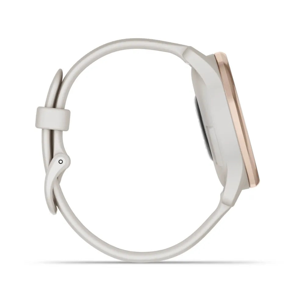 Side view of the Garmin vivomove Trend smartwatch featuring a sleek design with a light-colored strap and a gold-tone bezel.