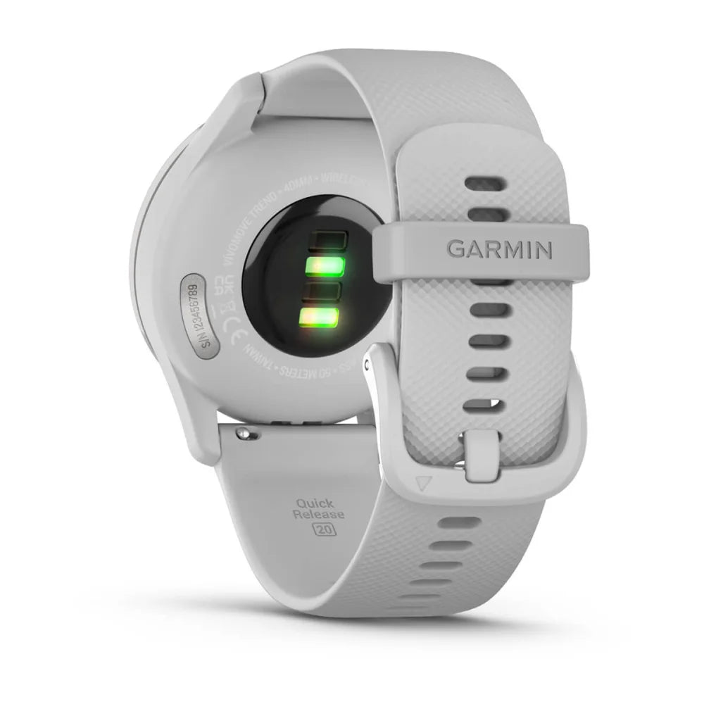 Garmin vivomove Trend smartwatch showing the back with heart rate sensors and a white silicone strap.