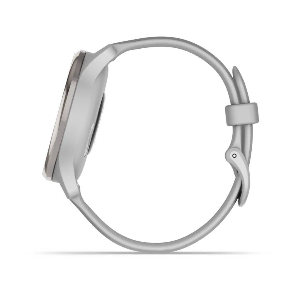 Side view of the Garmin vivomove Trend smartwatch with a gray band and sleek design.