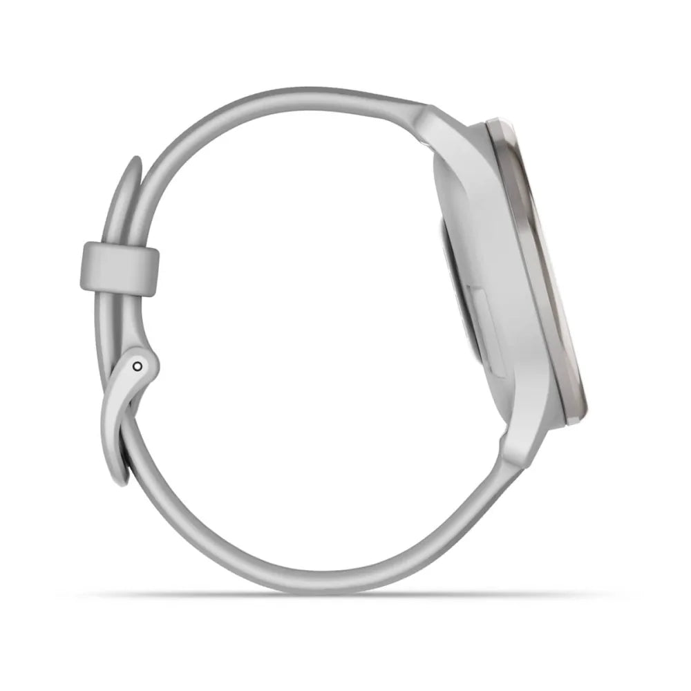 Side view of the Garmin vivomove Trend smartwatch featuring a sleek design and a gray strap.