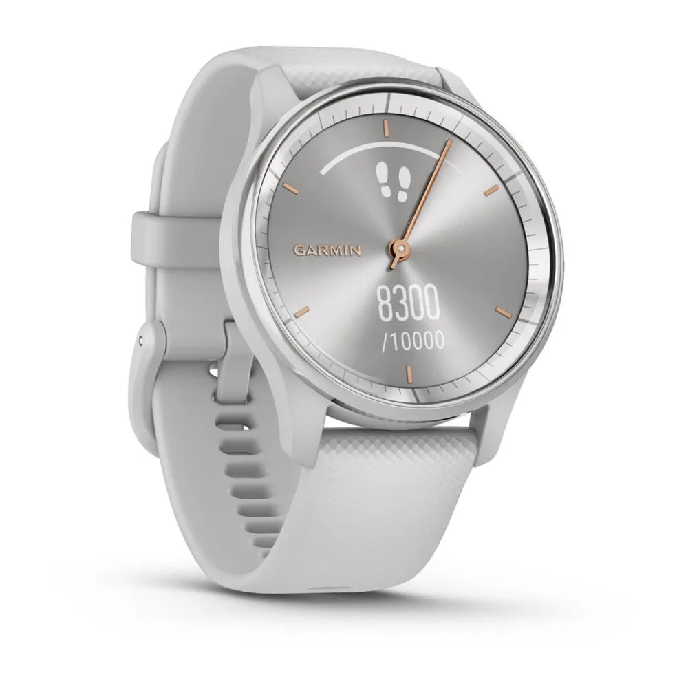 Garmin vivomove Trend smartwatch displayed in a sleek white design, featuring a round silver dial that shows step count and progress towards a daily goal.