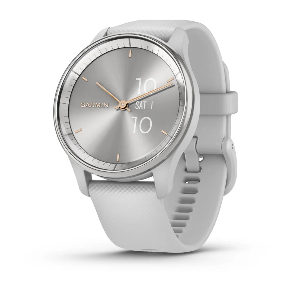 Garmin vivomove Trend smartwatch with a silver dial and white silicone strap, displaying the date and time.