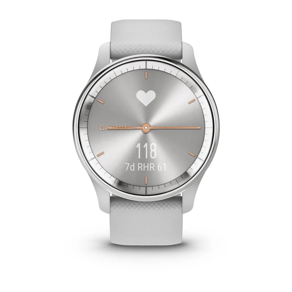 Garmin vivomove Trend smartwatch displaying a heart symbol, heart rate of 118, and a weekly resting heart rate of 61, with a sleek silver and white design.
