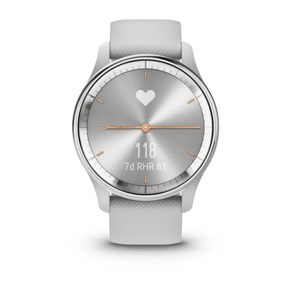 Garmin vivomove Trend smartwatch displaying a heart symbol, heart rate of 118, and a weekly resting heart rate of 61, with a sleek silver and white design.