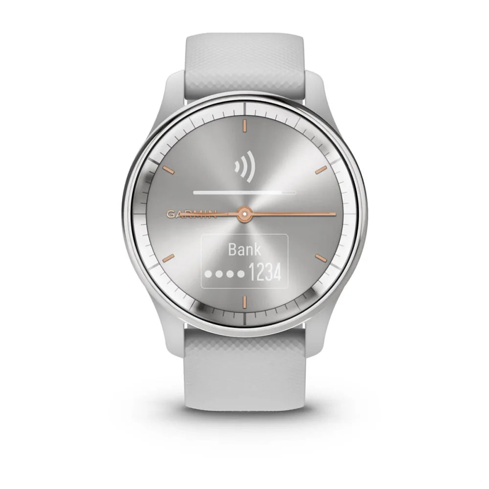 Garmin vivomove Trend smartwatch with a silver dial and white strap, displaying a contactless payment symbol and banking information.