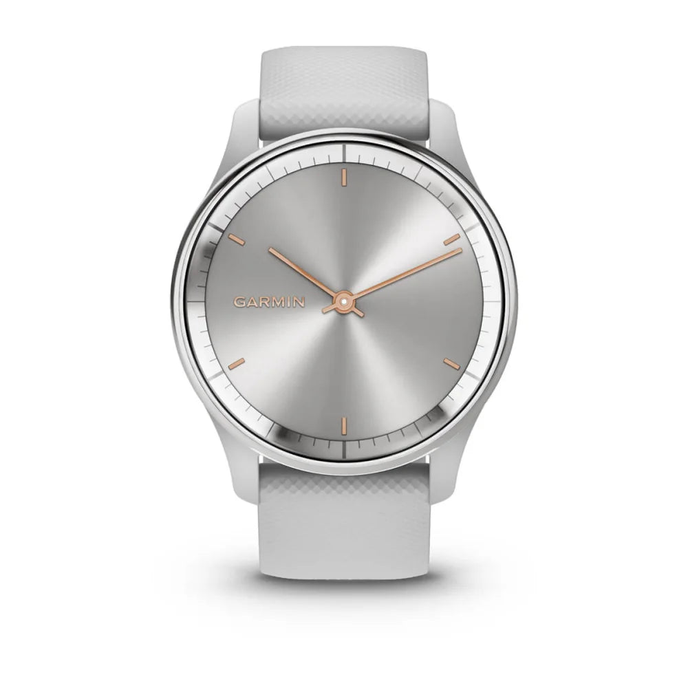 Garmin vivomove Trend smartwatch with a silver dial and rose gold accents, featuring a white silicone strap.