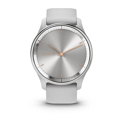 Garmin vivomove Trend smartwatch with a silver dial and rose gold accents, featuring a white silicone strap.