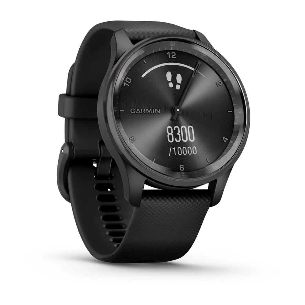 Garmin vivomove Trend smartwatch displaying step count of 8300 out of a goal of 10000, featuring a sleek black design and round watch face.