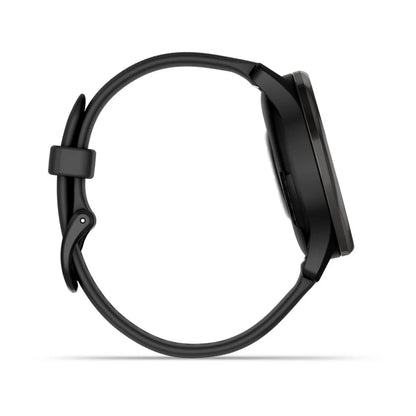 Side view of the Garmin vivomove Trend smartwatch with a sleek black design and strap.