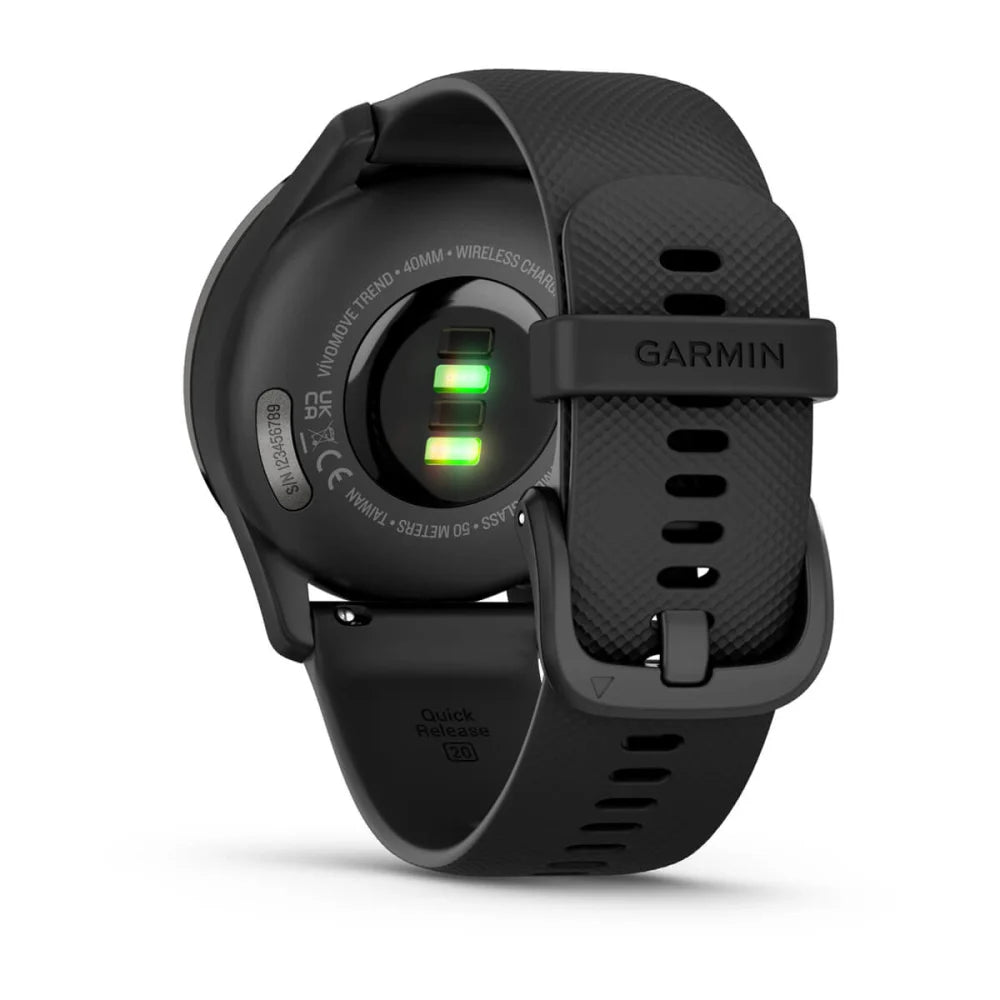 Garmin vivomove Trend smartwatch showing the back with charging contacts and a black silicone strap.