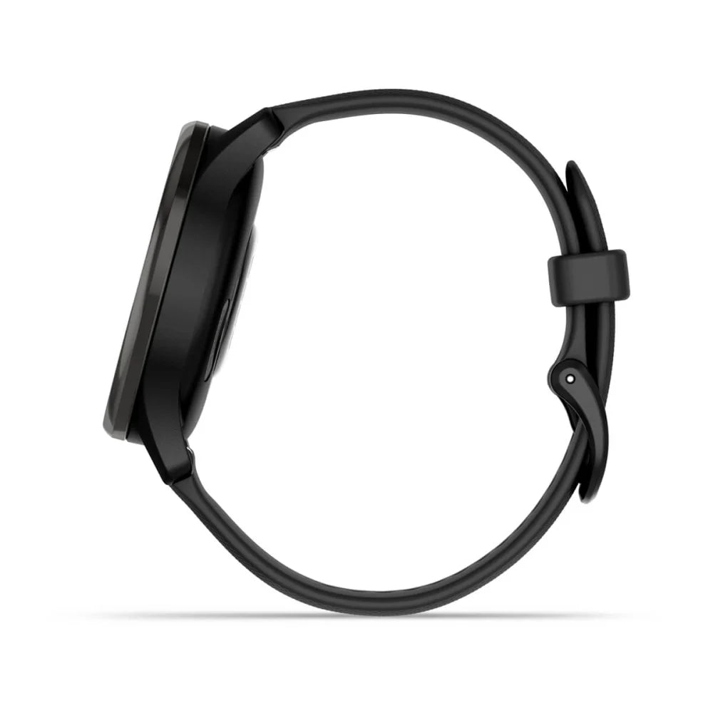 Side view of the Garmin vivomove Trend smartwatch featuring a sleek black design and a comfortable strap.
