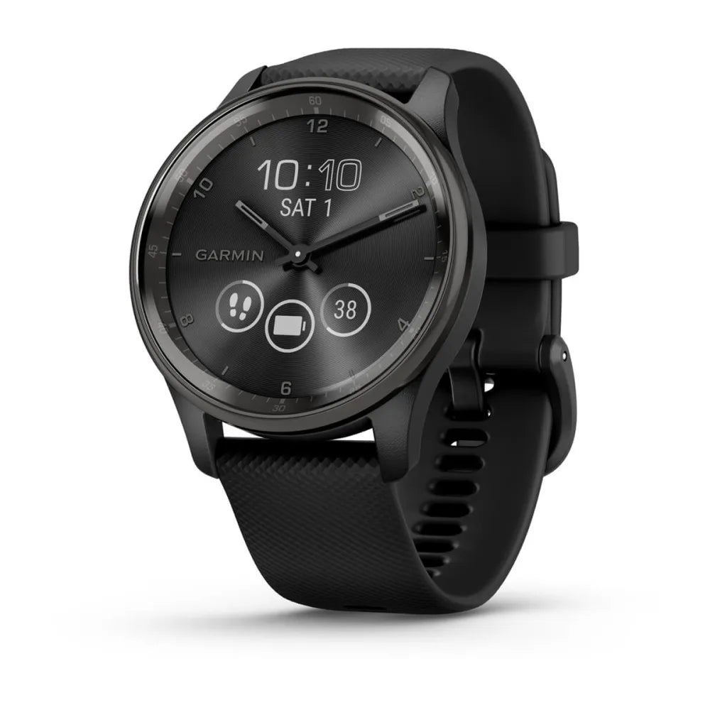 Garmin vivomove Trend smartwatch with a black strap and a round face displaying the time and date.