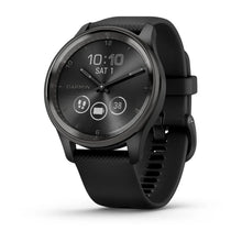 Garmin vivomove Trend smartwatch with a black strap and a round face displaying the time and date.
