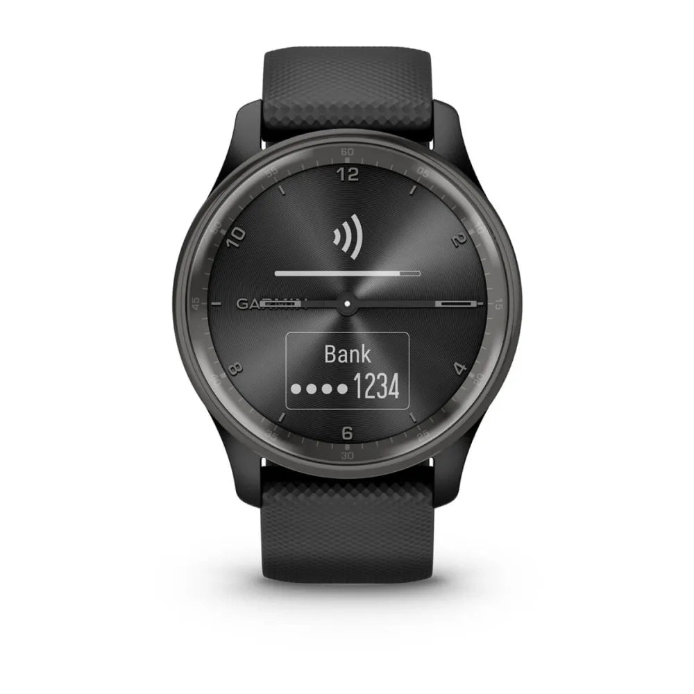Garmin vivomove Trend smartwatch displaying a contactless payment screen with a black strap and a sleek design.