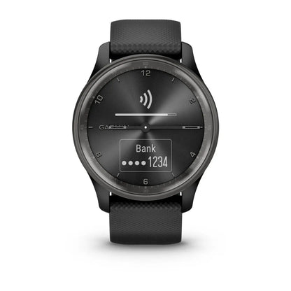Garmin vivomove Trend smartwatch displaying a contactless payment screen with a black strap and a sleek design.