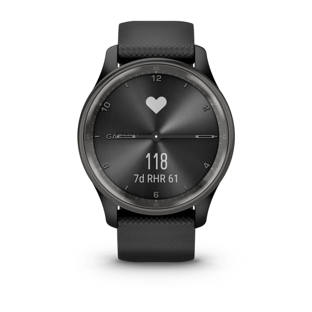Garmin vivomove Trend smartwatch displaying heart rate and other metrics on a sleek black watch face.