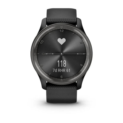 Garmin vivomove Trend smartwatch displaying heart rate and other metrics on a sleek black watch face.
