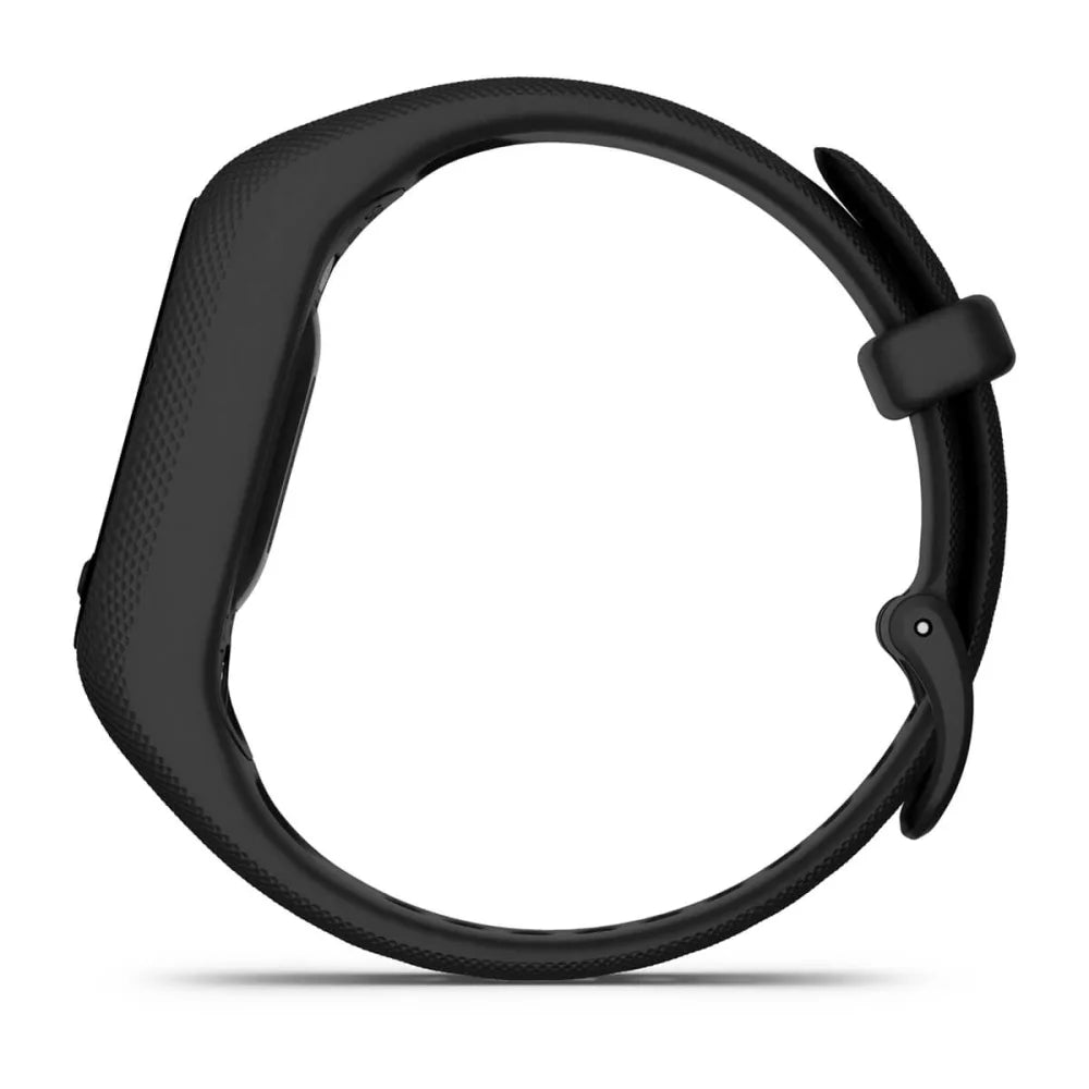 Side view of the Garmin vivosmart 5 fitness tracker in black, showcasing its sleek design and adjustable strap.