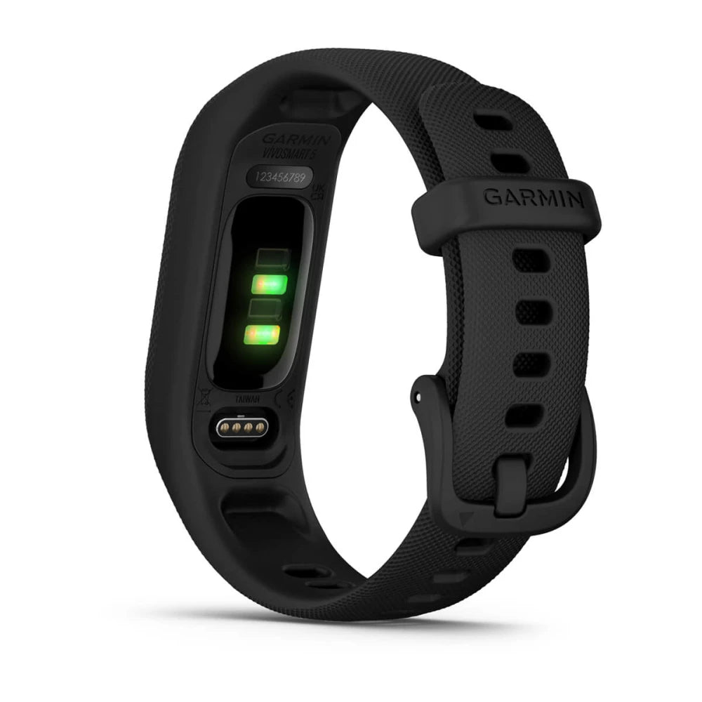 Garmin vivosmart 5 fitness tracker with a black strap, featuring green sensors on the underside for monitoring health metrics.