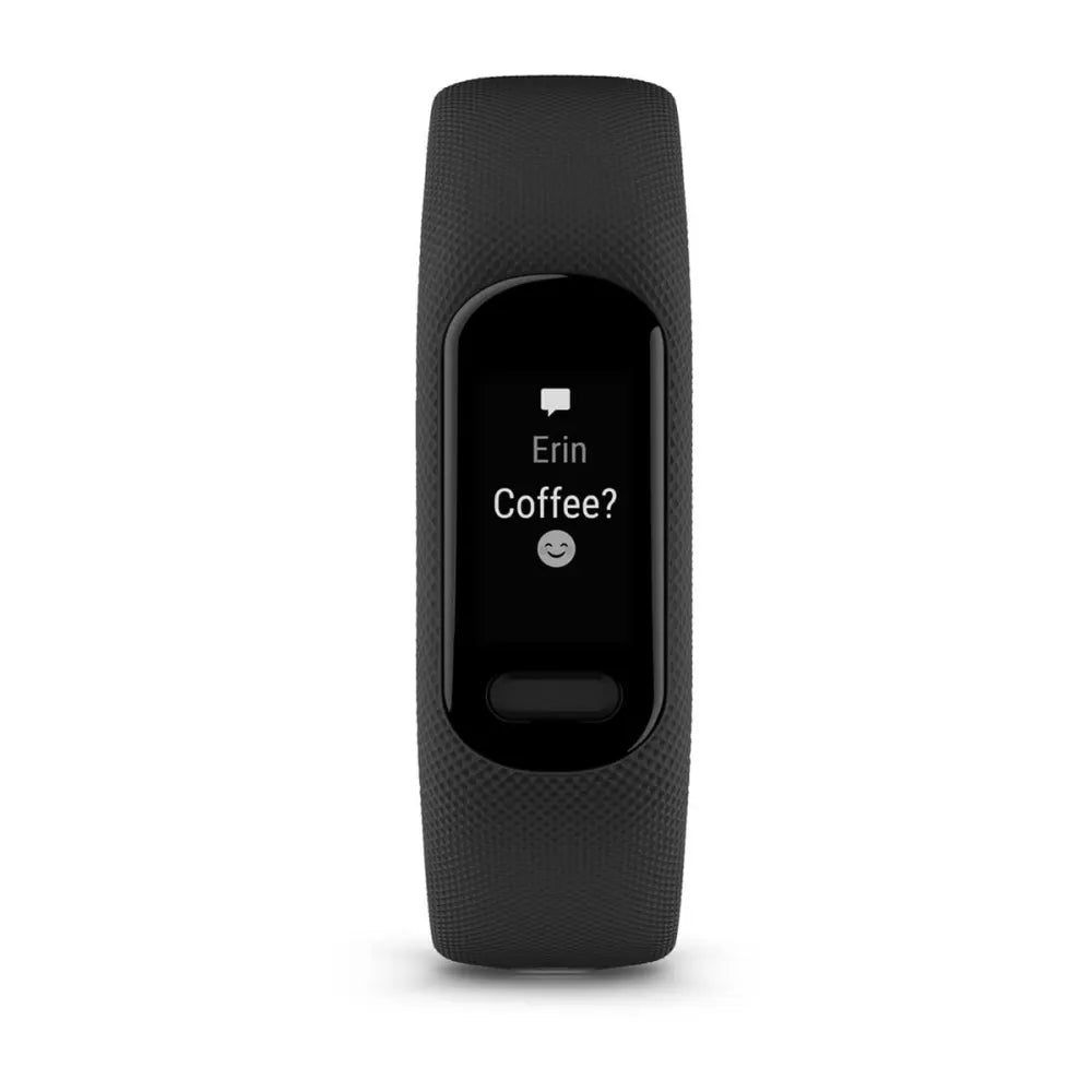 Garmin vivosmart 5 fitness tracker displaying a message that says 'Erin? Coffee?' on its screen.