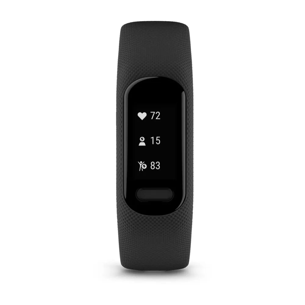 Garmin vivosmart 5 fitness tracker displaying heart rate, step count, and activity level on a sleek black band.