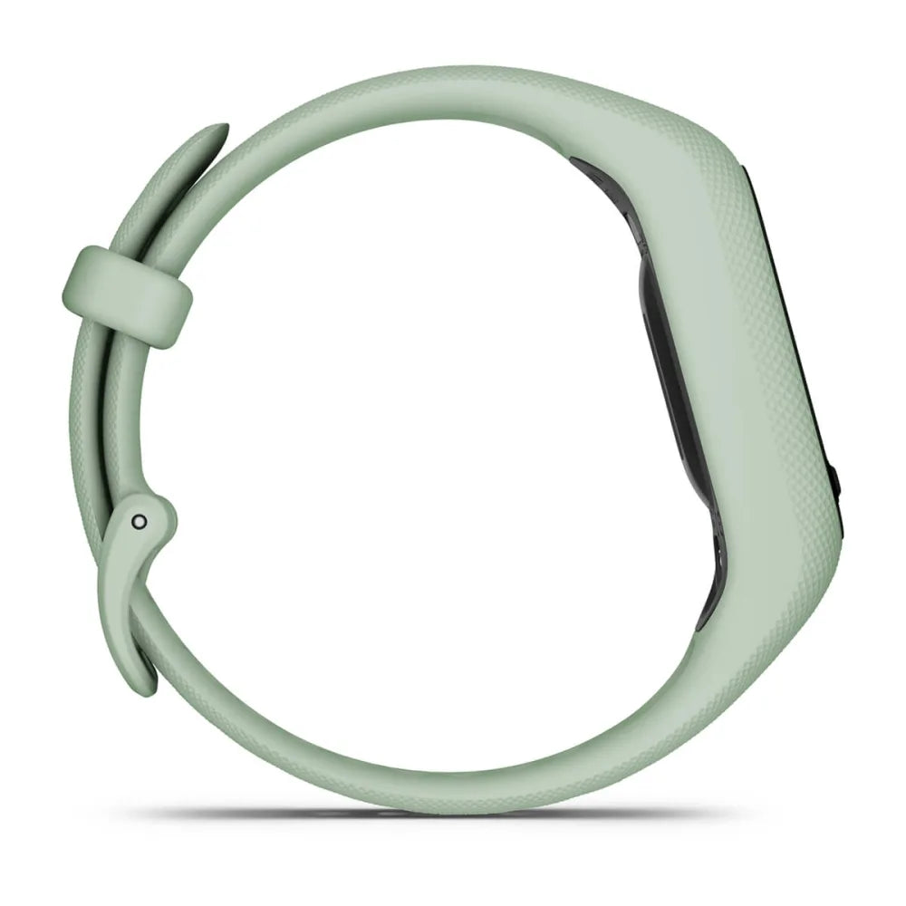 Side view of a Garmin vivosmart 5 fitness tracker in a light green color.