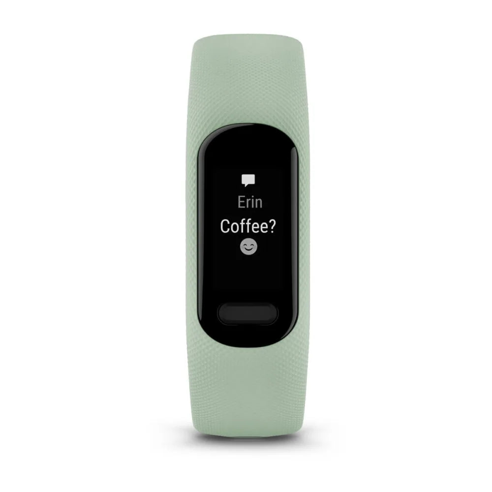 Garmin vivosmart 5 fitness tracker displaying a message from Erin asking 'Coffee?' with a smiley face on a black screen.