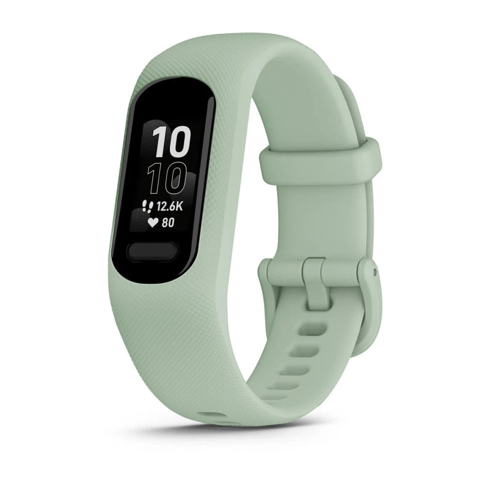 Garmin vivosmart 5 fitness tracker in light green with a digital display showing steps and heart rate.