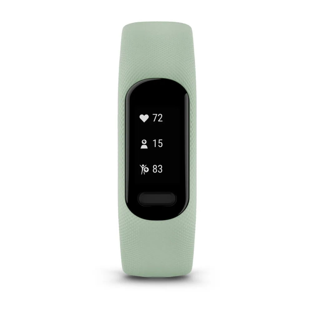 Garmin vivosmart 5 fitness tracker displaying heart rate, steps, and calories burned on a sleek black screen with a light green band.